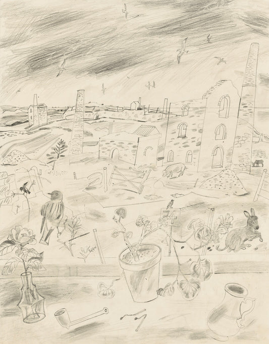 A pencil drawing depicting a desolate landscape with ruins, chimneys, and a cloudy sky. In the foreground, a pot with a plant, a pipe, and a vase are visible. Animals, including a rabbit and a bird, are scattered throughout the scene.