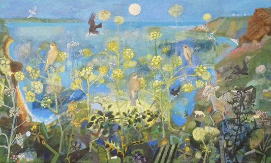 Colorful landscape painting with birds, flowers, and animals in a natural setting