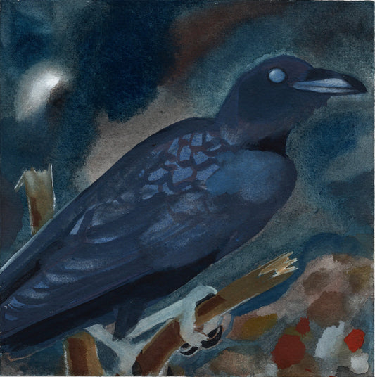 Artistic depiction of a crow with a dark, moody background. The crow is sat on a snapped branch and has one beady eye on show.