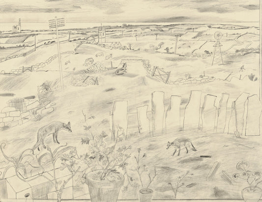 A pencil drawing depicting a rural landscape with rolling hills, a windmill, and scattered sheep. In the foreground, two foxes are seen near a potted plant, while a stone wall and various tools are scattered around, under a cloudy sky.