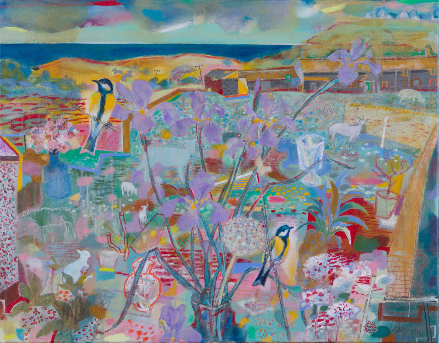 A colourful painting with two bluetits in the foreground surrounded by foliage and flowers. There are other animals and buildings scattered around.