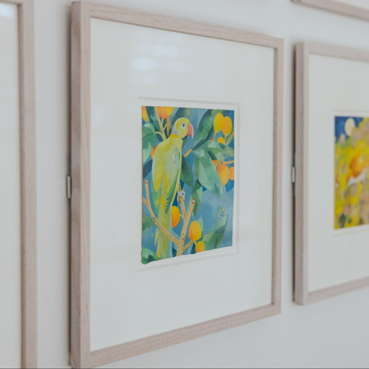 Framed artworks on a wall, including a painting of a parrot and flowers.