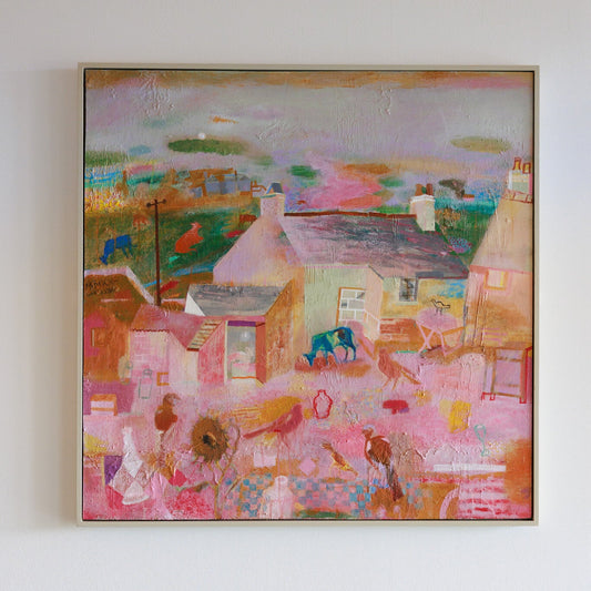 Colorful abstract painting of a village scene on a white wall