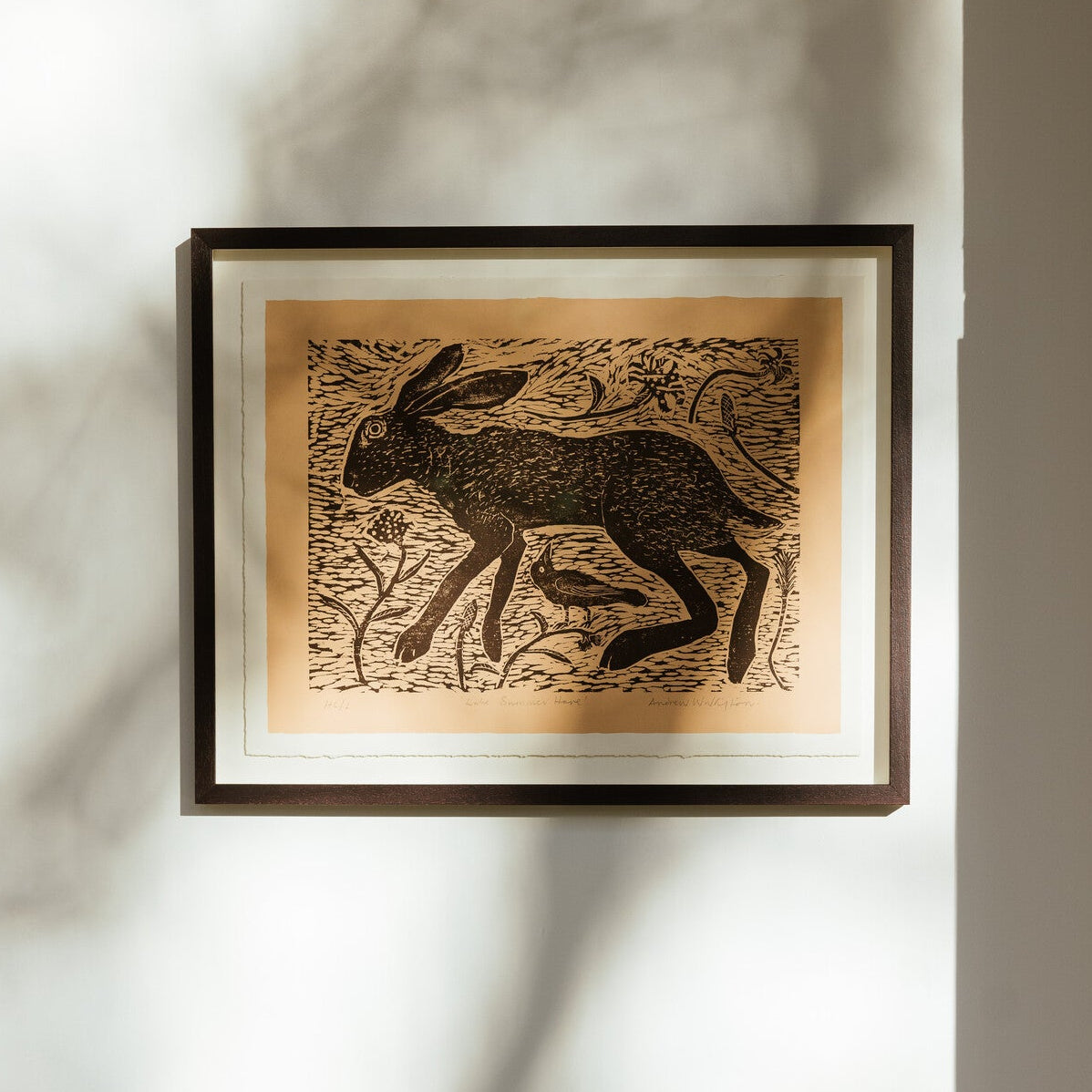 Framed artwork of a hare on a textured wall