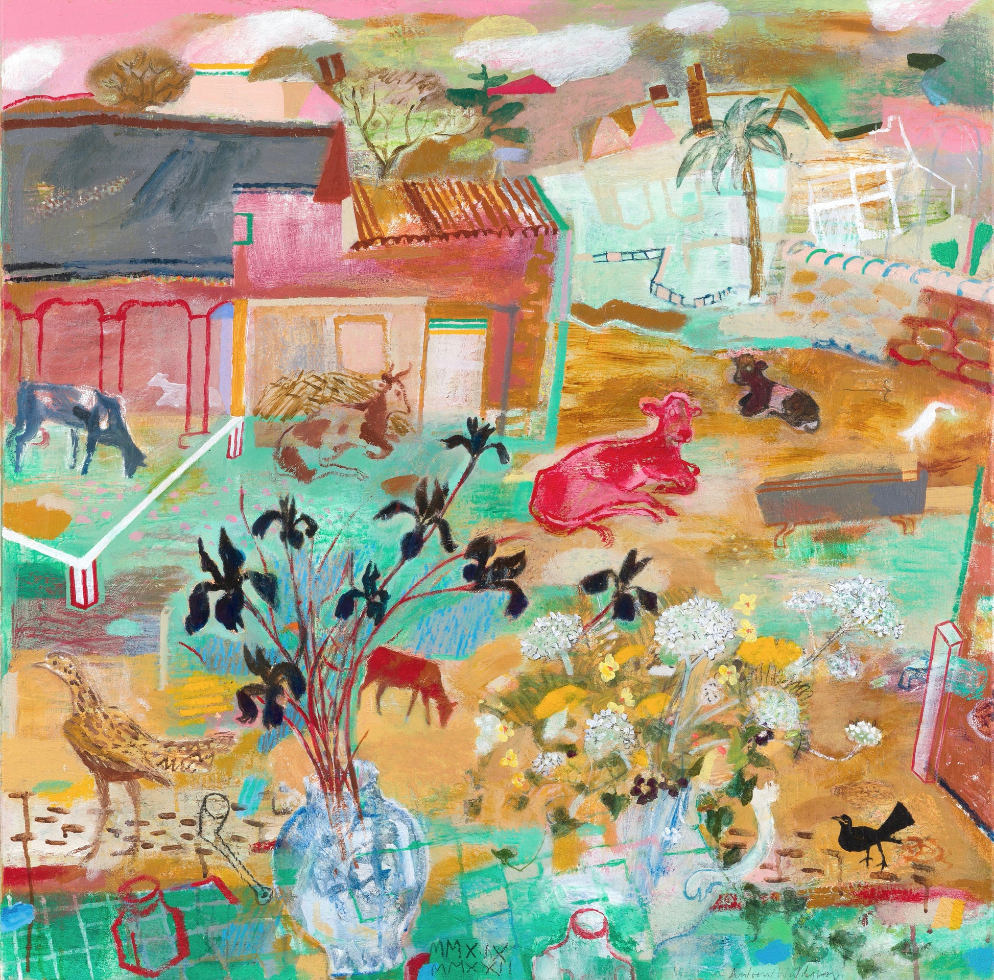 A vibrant, abstract landscape featuring a farm scene with various animals, including cows and a red bull. In the foreground, a vase of flowers sits among colourful patches of grass, with a backdrop of houses and palm trees under a pastel sky.