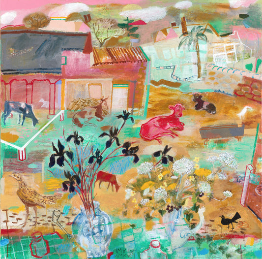 A vibrant, abstract landscape featuring a farm scene with various animals, including cows and a red bull. In the foreground, a vase of flowers sits among colourful patches of grass, with a backdrop of houses and palm trees under a pastel sky.