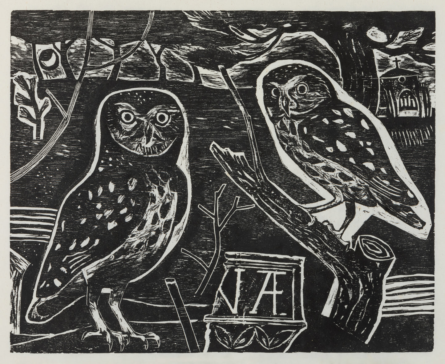 A black woodcut featuring two owls on branches surrounded by foliage. 