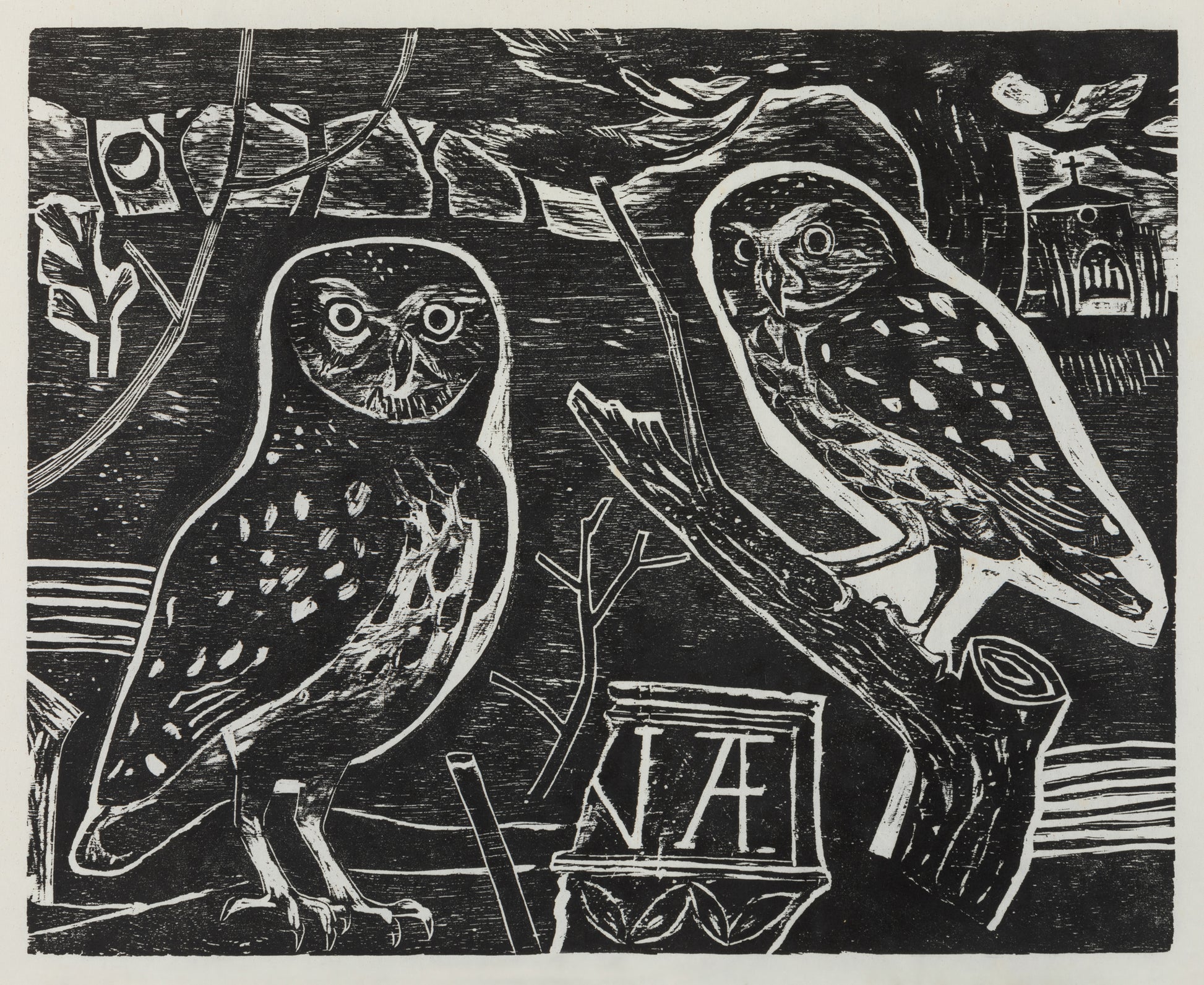 A black woodcut featuring two owls on branches surrounded by foliage. 