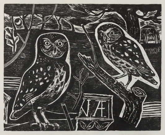 A black woodcut featuring two owls on branches surrounded by foliage. 