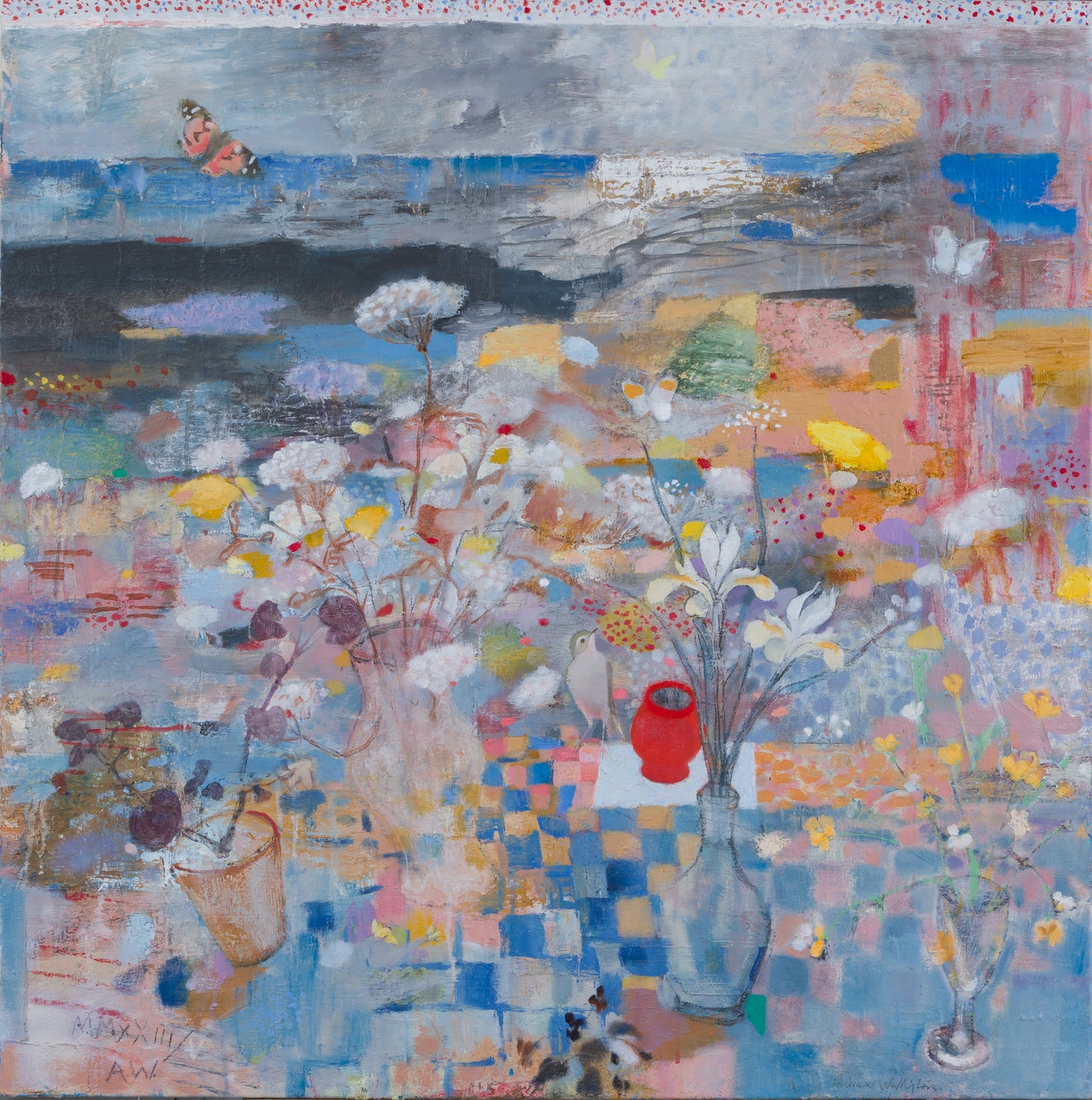 A blue and grey painting which rich orange and red tones featuring foliage, birds, checked blankets, vases and a butterfly.