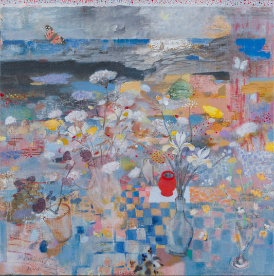 A blue and grey painting which rich orange and red tones featuring foliage, birds, checked blankets, vases and a butterfly.