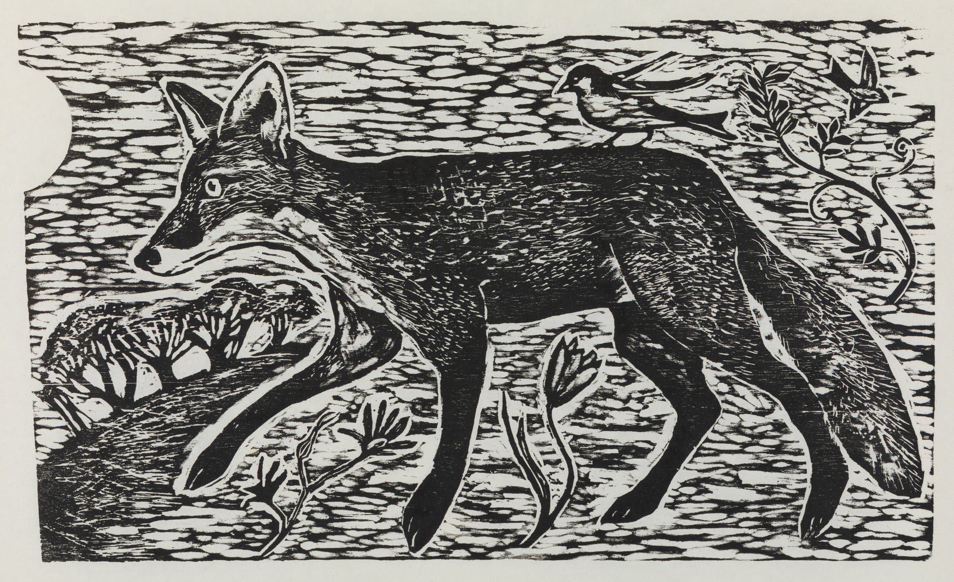 A black woodcut depicting a fox walking through the countryside.