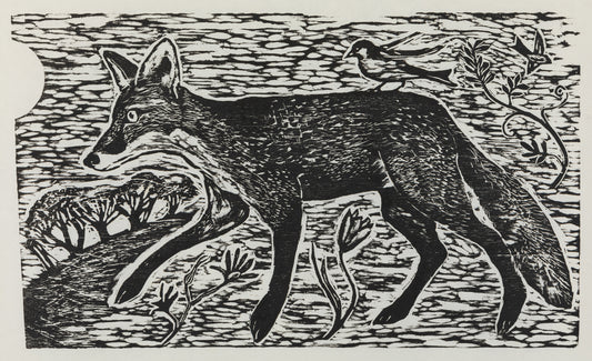 A black woodcut depicting a fox walking through the countryside.