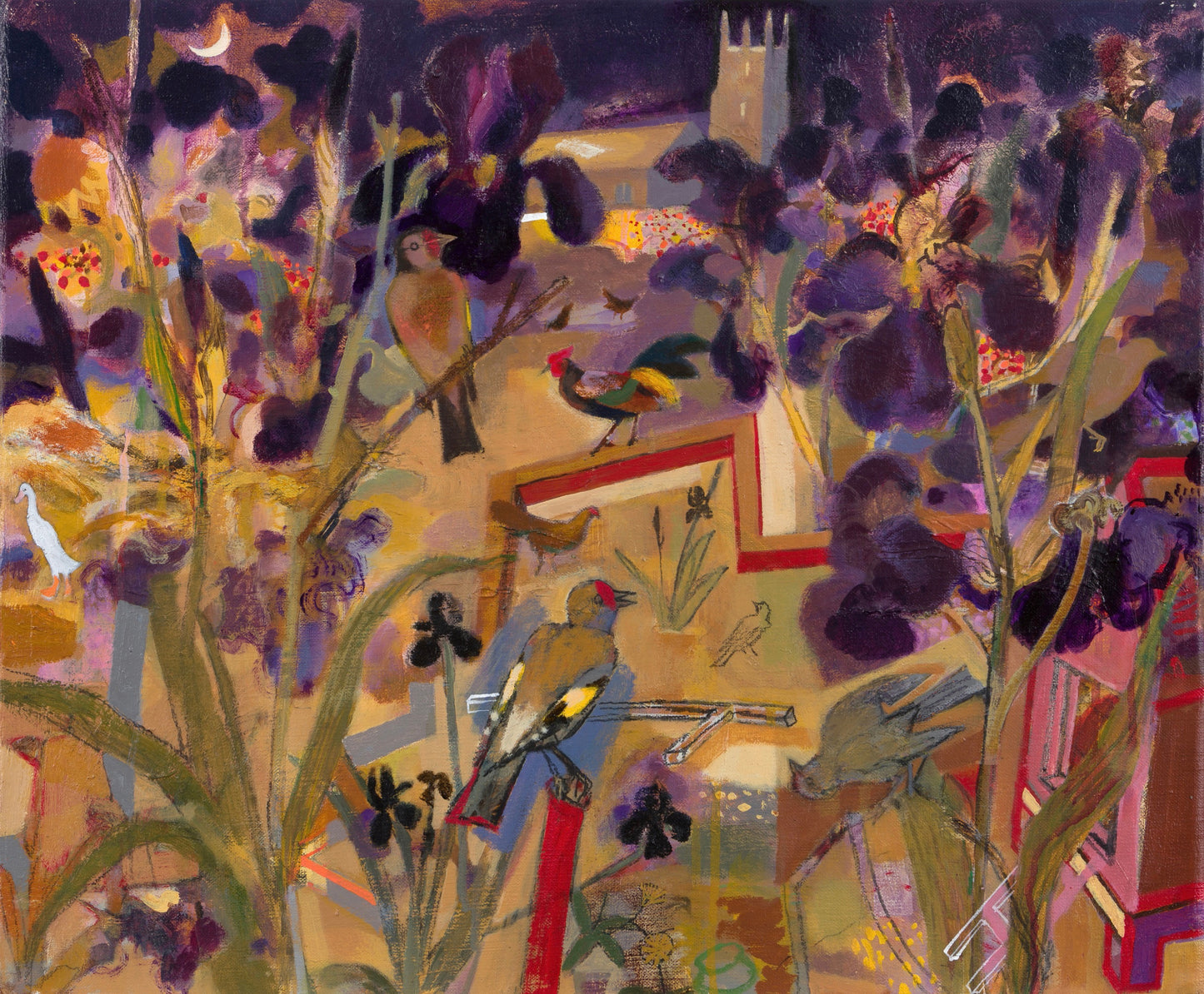 A vibrant, abstract landscape featuring colourful flowers and birds. The scene includes a church tower in the background, with a mix of warm and cool tones creating a dreamlike atmosphere. The composition is rich in texture and detail.