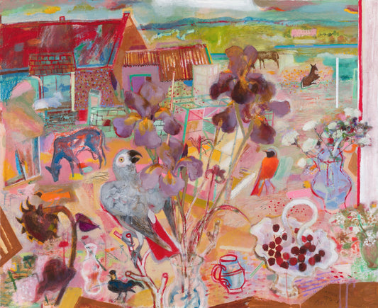 A vibrant, abstract scene featuring a bouquet of flowers in the foreground, with a grey bird perched among them. In the background, a rural landscape includes a house, horses, and various animals, all rendered in bold colours and expressive brushstrokes.