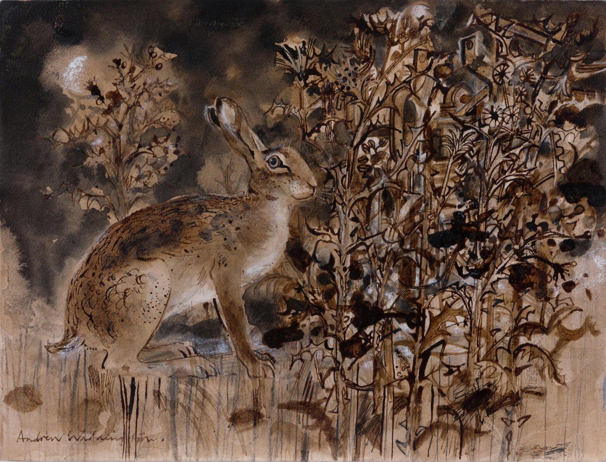 A detailed illustration of a hare sitting amidst a variety of flowers and plants. The artwork features earthy tones of brown and beige, highlighting the natural textures and patterns of the flora surrounding the hare.