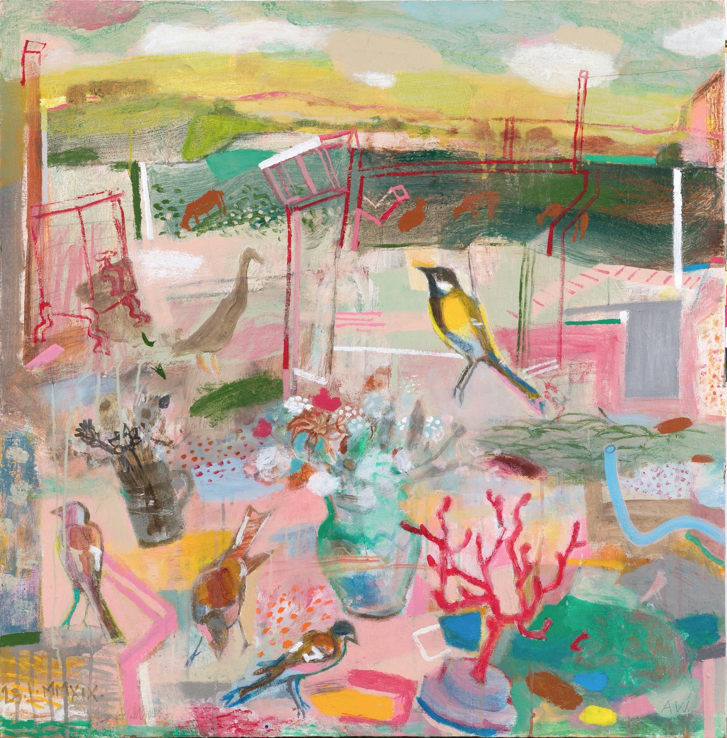A vibrant abstract painting featuring a variety of birds, including a yellow and grey bird, amidst a chaotic landscape. The background showcases rolling hills and scattered objects, with splashes of colour and texture creating a lively atmosphere.