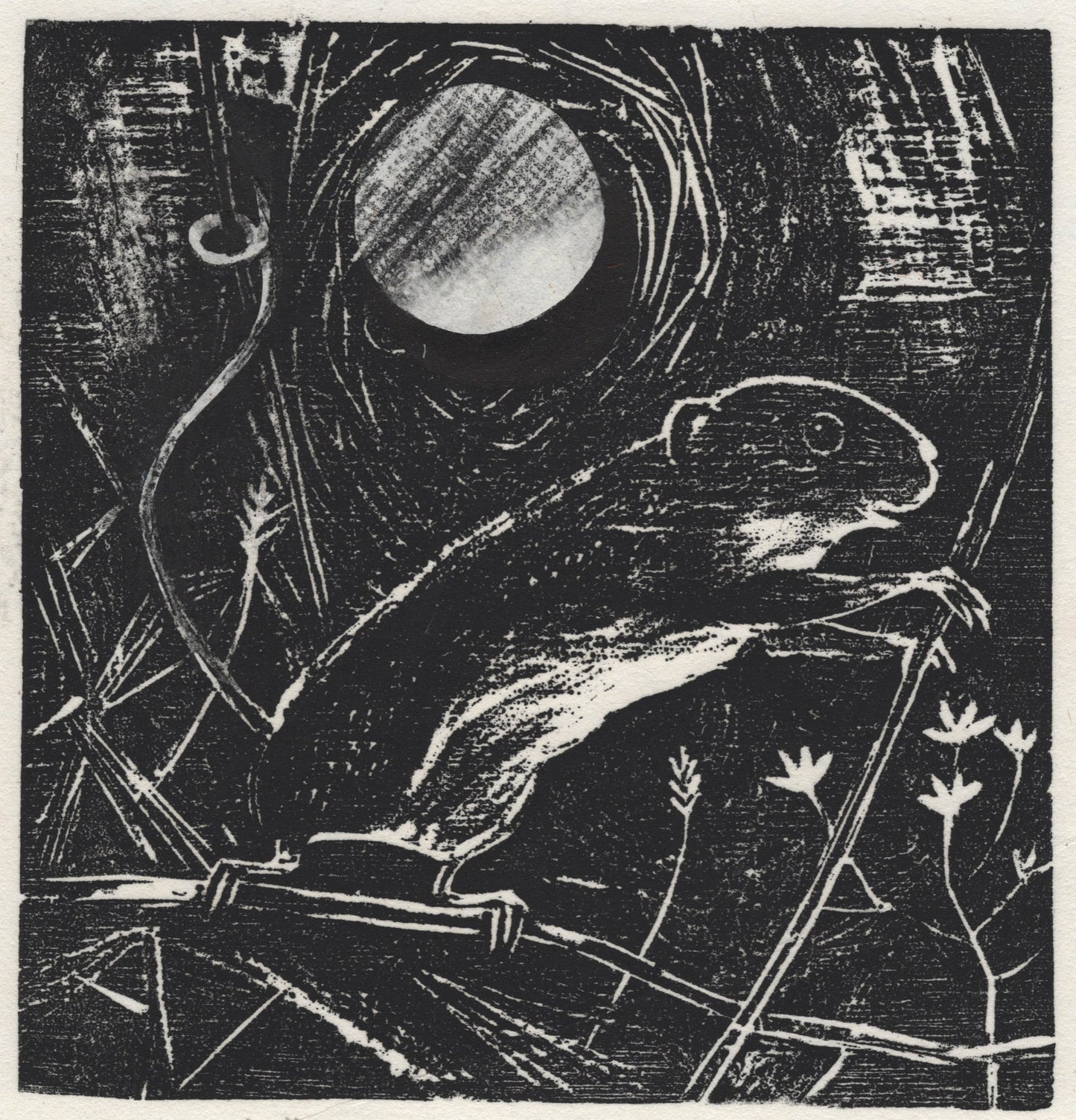 A black wood cut print featuring a mouse in branches and foliage with a full moon in the sky.
