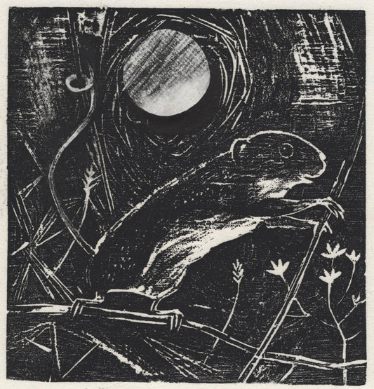 A black wood cut print featuring a mouse in branches and foliage with a full moon in the sky.