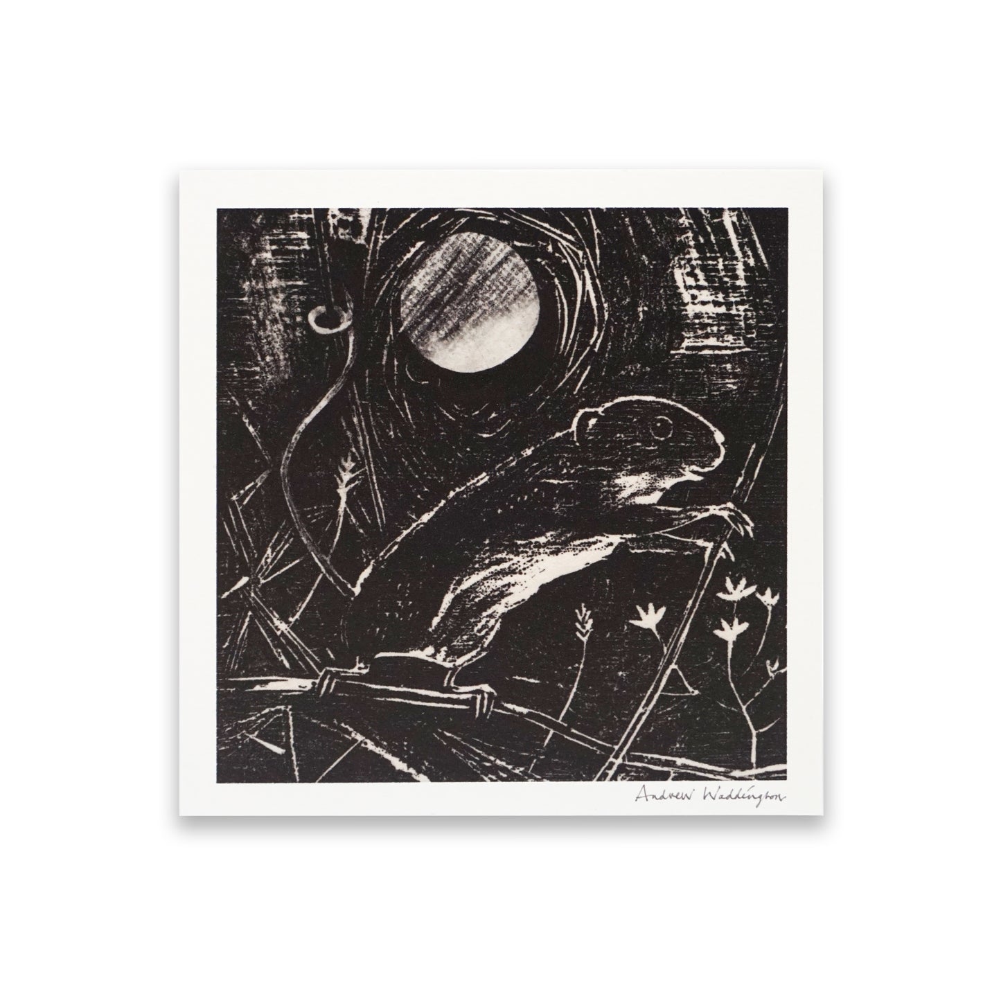 Black and white artwork of a mouse and moon on a textured background