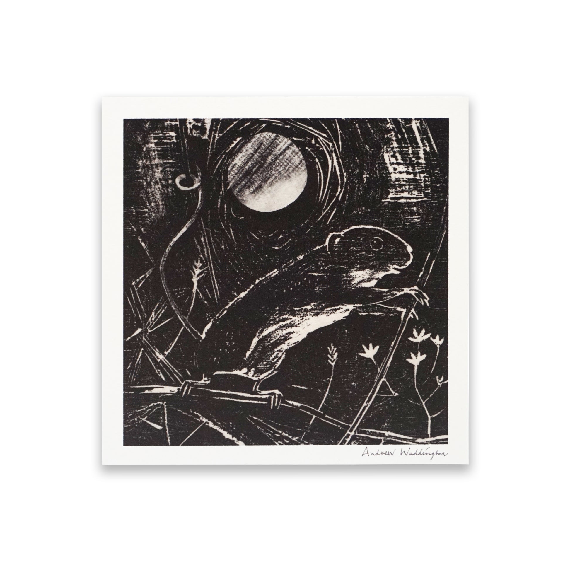 Black and white artwork of a mouse and moon on a textured background