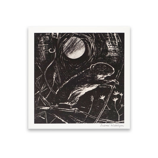 Black and white artwork of a mouse and moon on a textured background