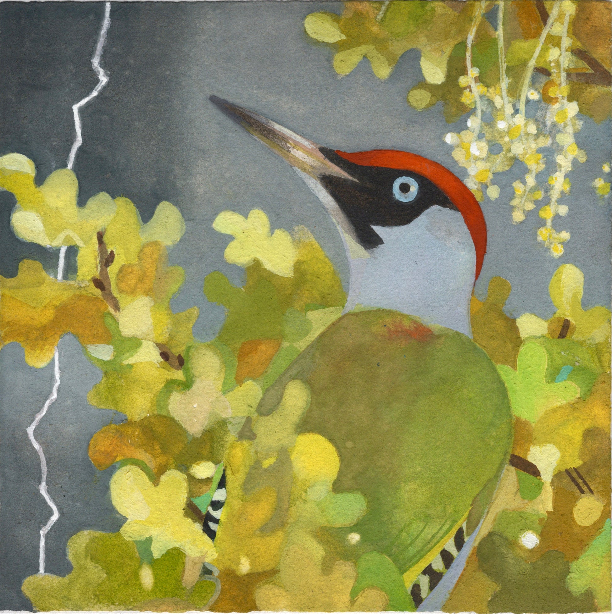 Illustration of a green woodpecker among leaves with a lightning bolt in the background.