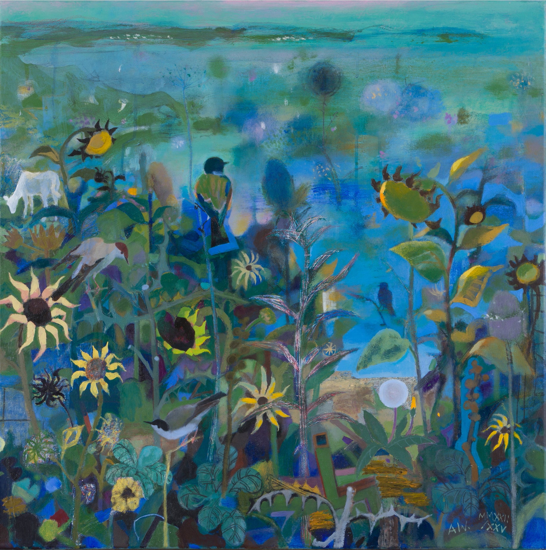 A blue painting with hints of green and yellow depicting sunflowers, birds, foliage and a coastal scene in the background.