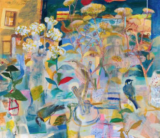 A vibrant, abstract painting featuring a mix of colours and shapes. It includes flowers in a vase, birds perched on branches, and a background of stylised plants and buildings, creating a lively, dreamlike atmosphere.