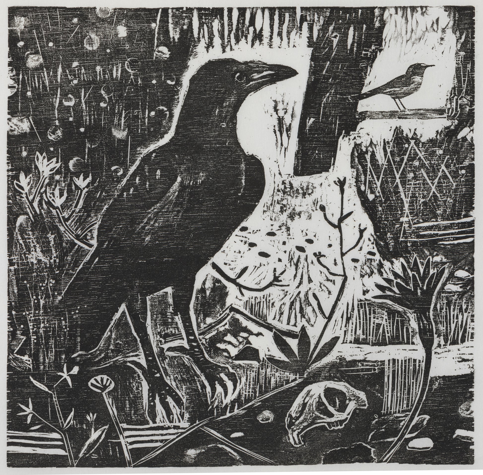 A black wood cut print with a single large blackbird in the foreground surrounded by lots of textured foliage.