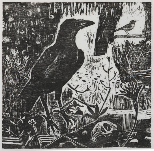 A black wood cut print with a single large blackbird in the foreground surrounded by lots of textured foliage.