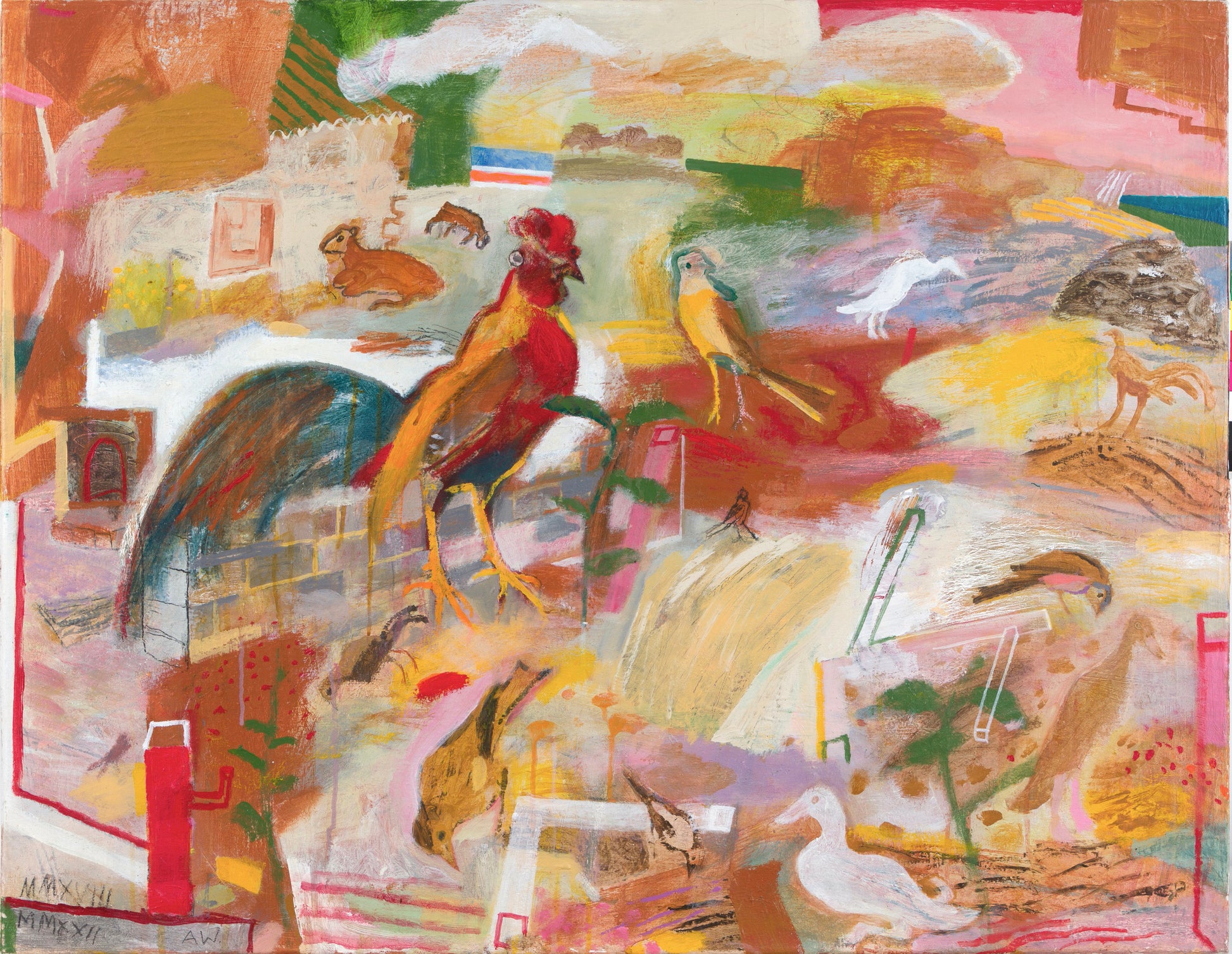 A vibrant abstract painting featuring various birds, including a prominent rooster, set against a colourful background of reds, yellows, and earthy tones. The scene is lively, with a mix of shapes and textures, evoking a sense of rural life.