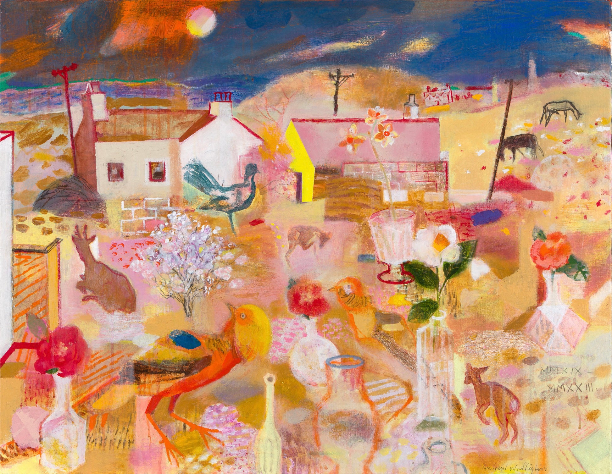 A vibrant, abstract landscape featuring whimsical houses, animals, and flowers. The scene is filled with warm colours and playful shapes, blending nature and domestic life, with a dramatic sky above. Various bottles and a tree add depth to the composition.