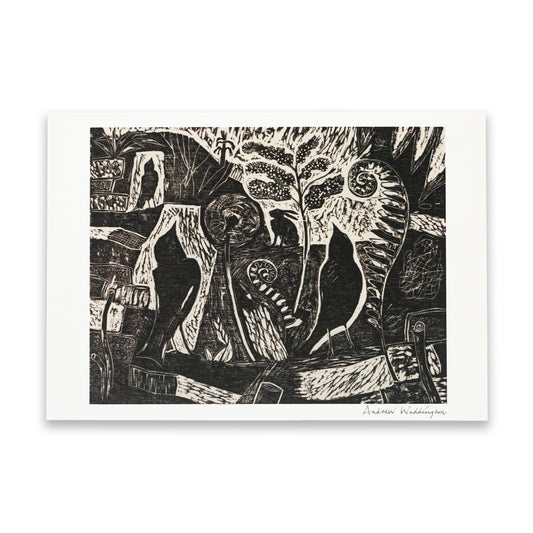 Black and white artwork of birds in a forest setting on a white background