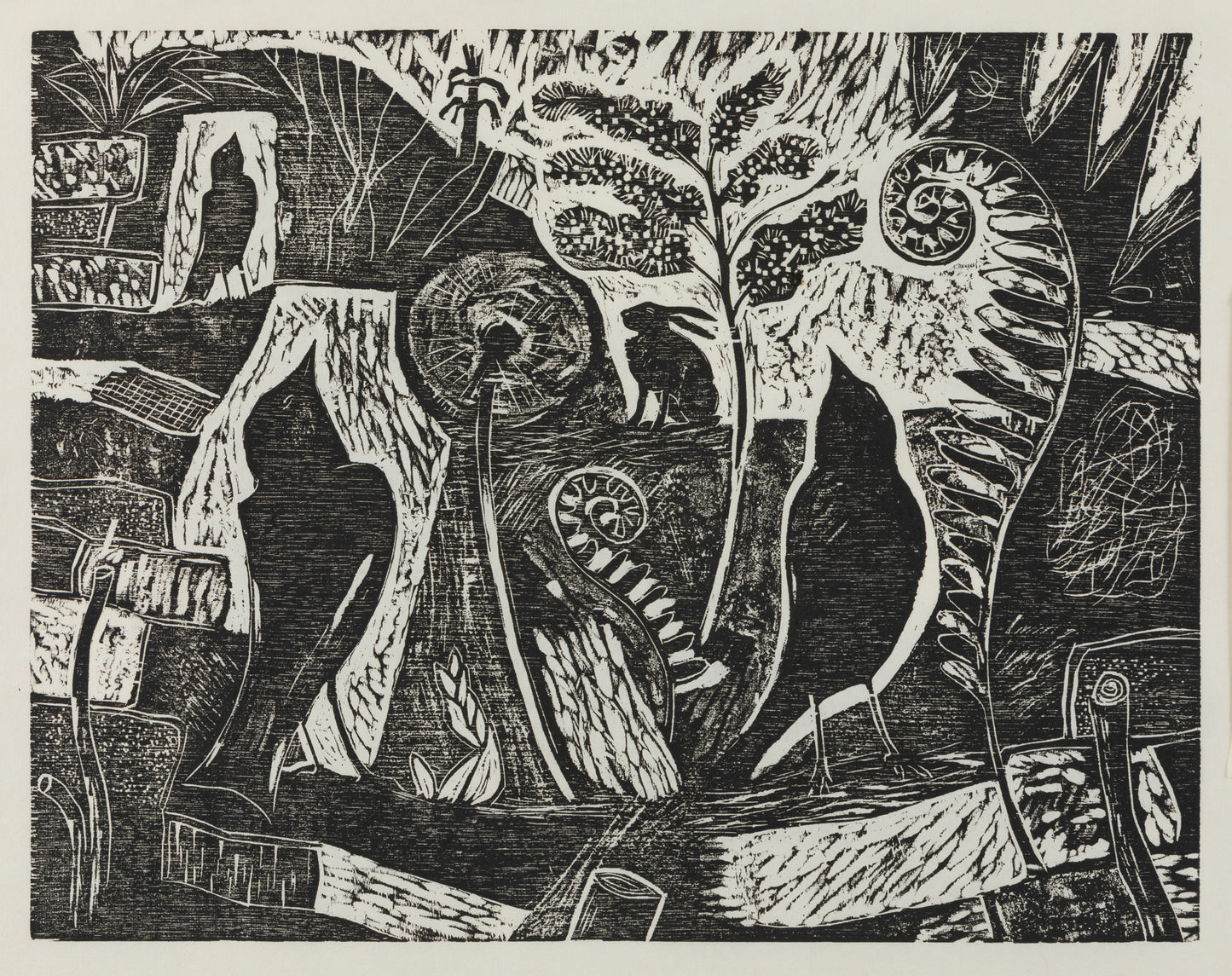 A black wood cut print showing multiple blackbirds signing, foliage, wood and a single hare.