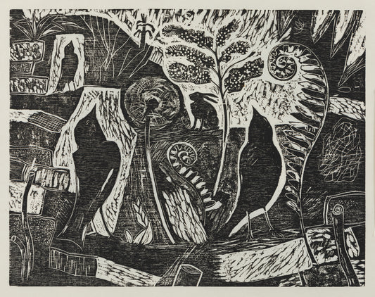 A black wood cut print showing multiple blackbirds signing, foliage, wood and a single hare.