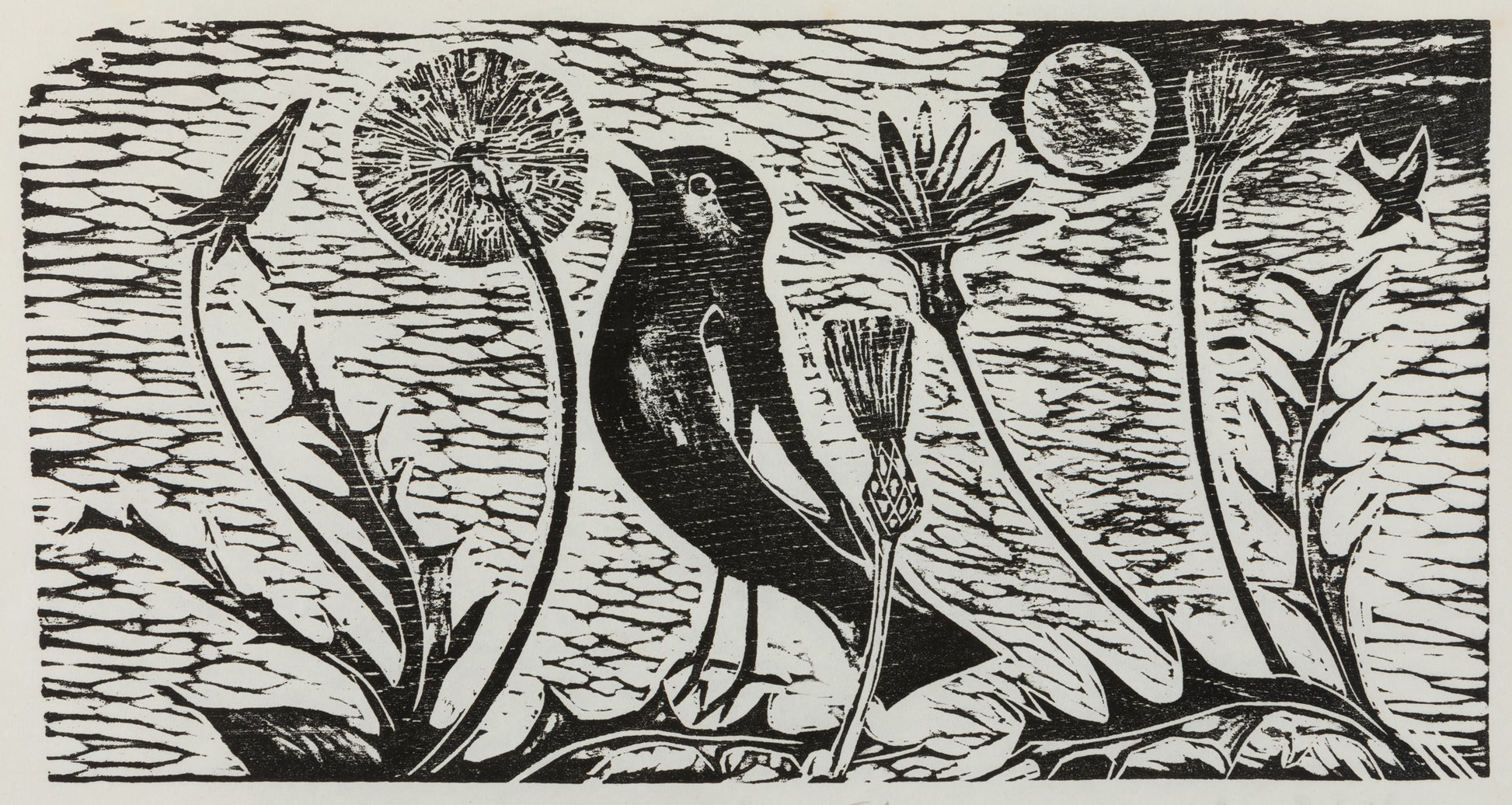 A black wood cut print with a single bird, dandelions and a textured sky.