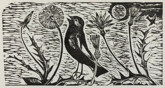 A black wood cut print with a single bird, dandelions and a textured sky.