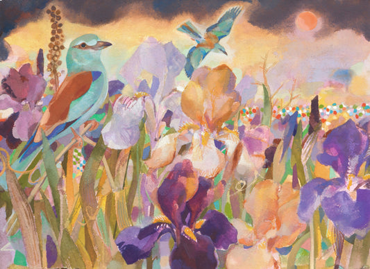 A vibrant painting featuring two birds amidst a field of irises. The background showcases a sunset with warm hues, while the irises display various shades of purple and yellow. The scene conveys a sense of tranquillity and natural beauty.