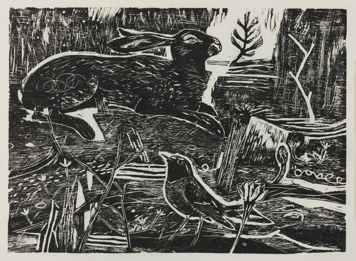 A black and white wood cut featuring a hare and a black bird nestled in foliage.