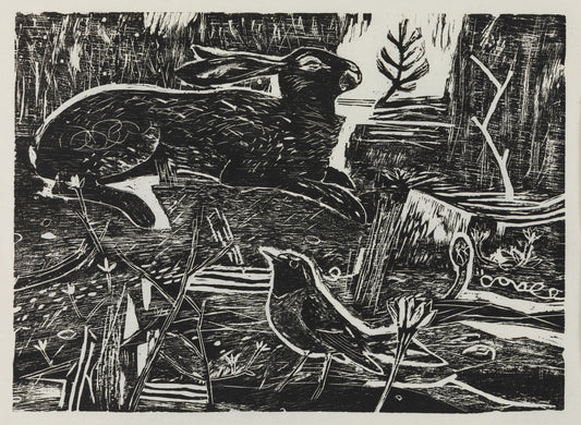 A black and white wood cut featuring a hare and a black bird nestled in foliage.