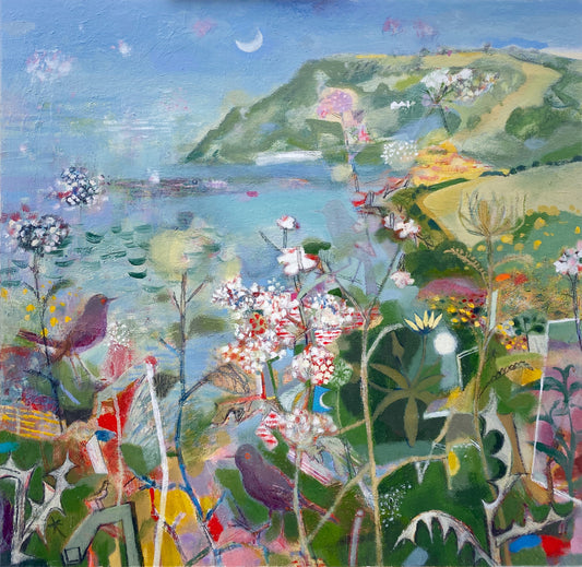 A rural depiction of a coastal landscape over looking a bay. There are flowers, birds and a moon in the sky.