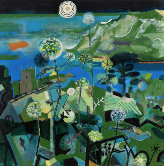 A vibrant abstract landscape featuring stylised flowers and plants in the foreground, with rolling hills and a body of water in the background. A bright moon hangs in a blue sky, while geometric shapes and bold colours create a lively atmosphere.