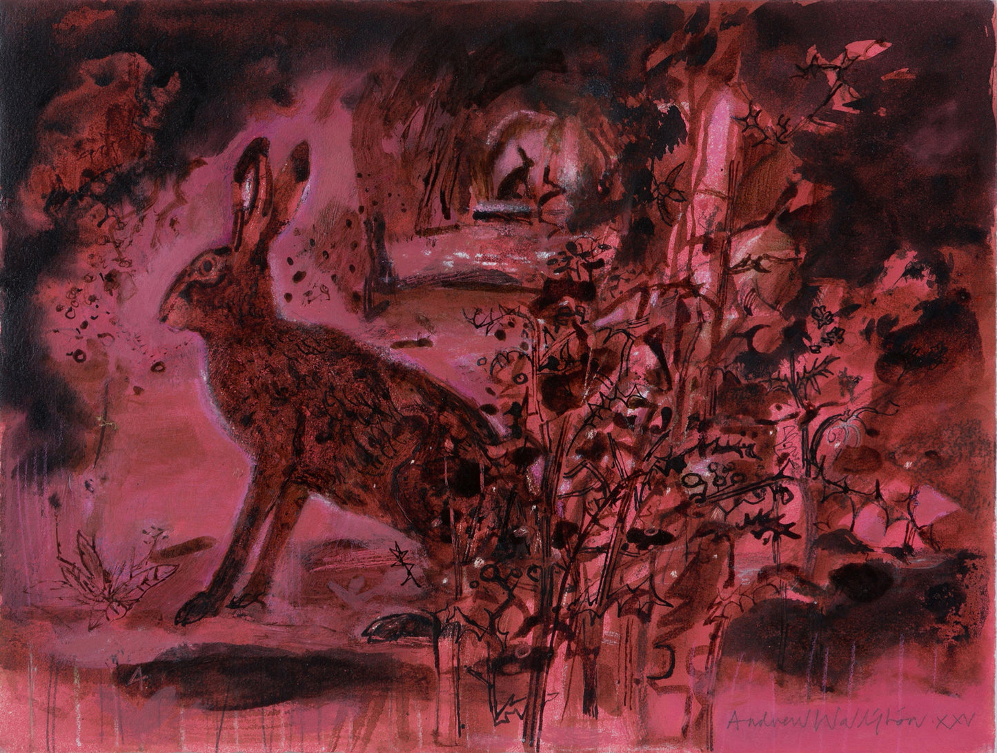 A detailed illustration of a hare sitting amidst a variety of flowers and plants. The artwork features earthy tones of pink and brown, highlighting the natural textures and patterns of the flora surrounding the hare.