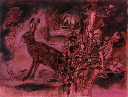 A detailed illustration of a hare sitting amidst a variety of flowers and plants. The artwork features earthy tones of pink and brown, highlighting the natural textures and patterns of the flora surrounding the hare.