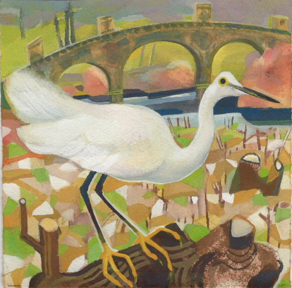 Painting of a white egret standing on a log in a natural setting with a bridge in the background.