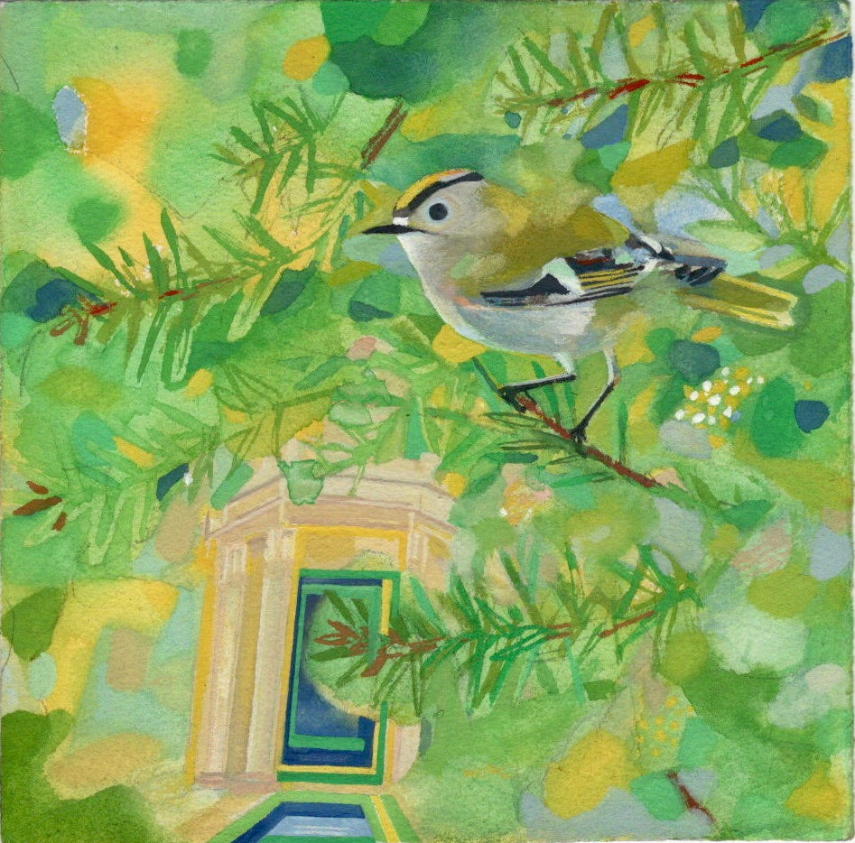 Illustration of a garden bird perched on a branch with a decorative background featuring green leaves and branches and a small temple.