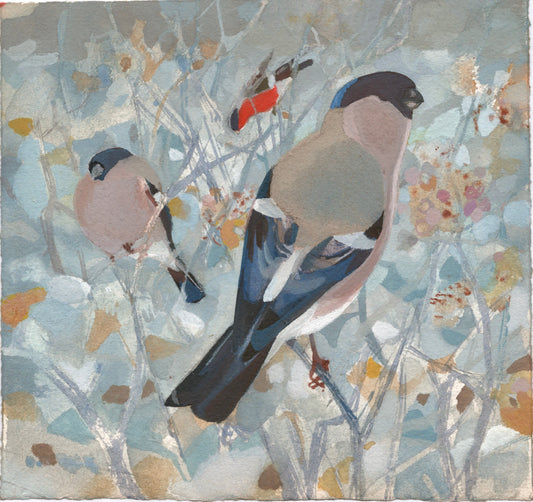 Three bull finches sat on branches, one at the front and two small in the back. The colours are muted in tones of baby blue, beige and brown.