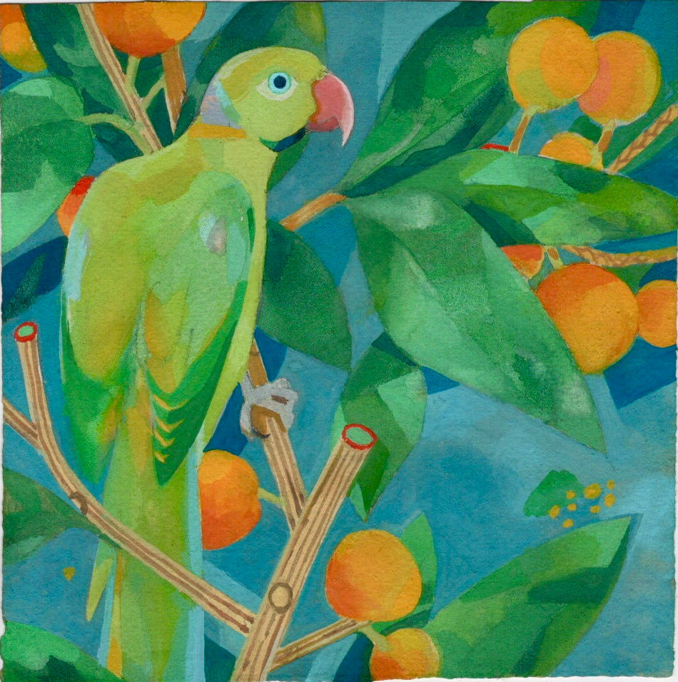 Artistic depiction of a green parrot on a branch with leaves and orange  fruits surrounding it.