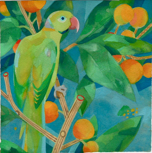 Artistic depiction of a green parrot on a branch with leaves and orange  fruits surrounding it.